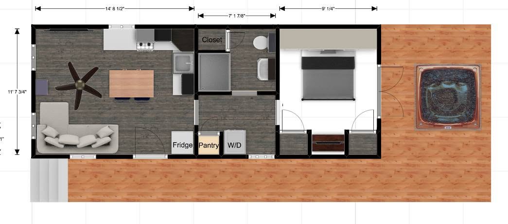 Floor plan of the cabin: kitchen and living room, closet, bathroom, laundry, bedroom, and deck with hot tub